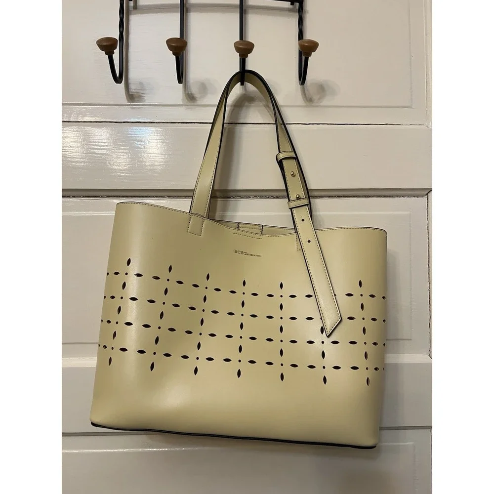 BCBG Generations Beige Vegan Leather Cutout Tote – Chic Everyday Bag Minimalist